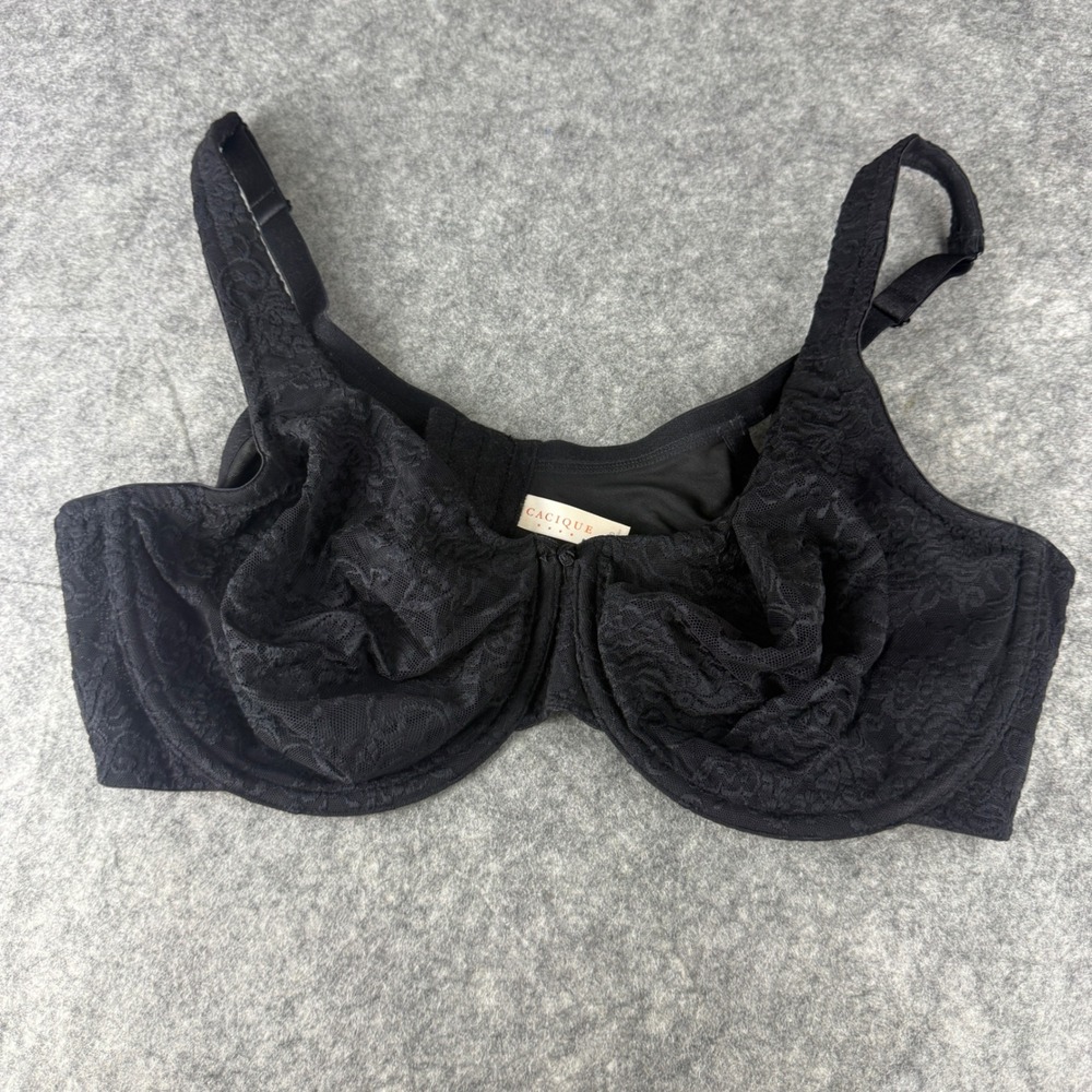 Cacique Black Lace Unlined Underwire Full Coverage Bra 44D Floral Mesh Support
